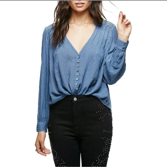 Free People Canyon Rose Blue boho Long sleeve Eyelet blouse top size Small - Picture 1 of 10